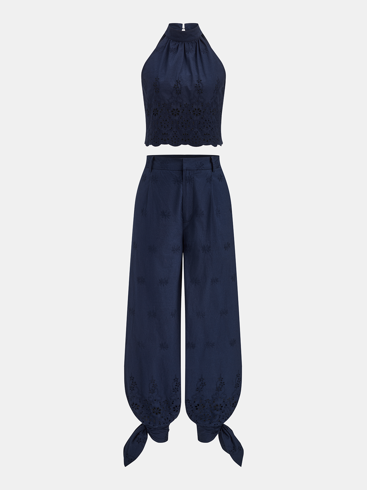 Eyelet Embroidery Top & Tie-Cuff Pants Set for Women Spring Collection