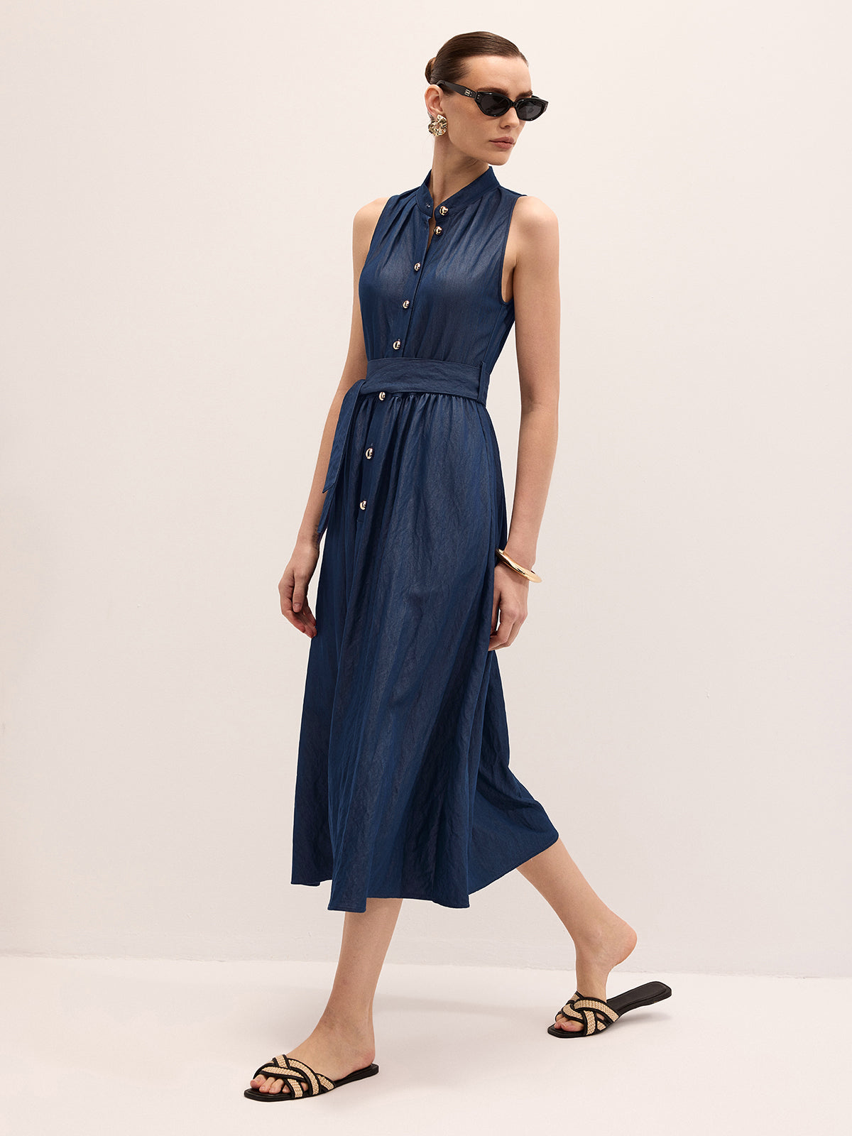Cotton Blend Sleeveless Belted Maxi Dress with Side Pockets and V-Neck
