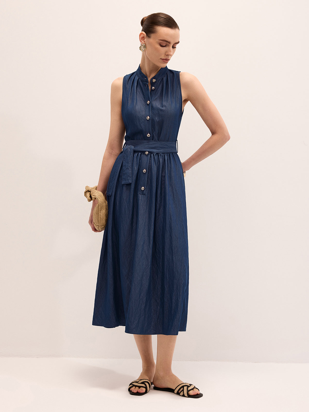 Cotton Blend Sleeveless Belted Maxi Dress with Side Pockets and V-Neck