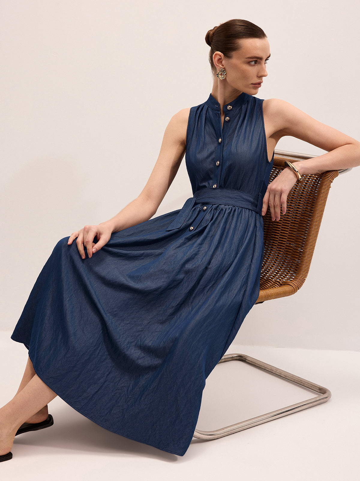 Cotton Blend Sleeveless Belted Maxi Dress with Side Pockets and V-Neck