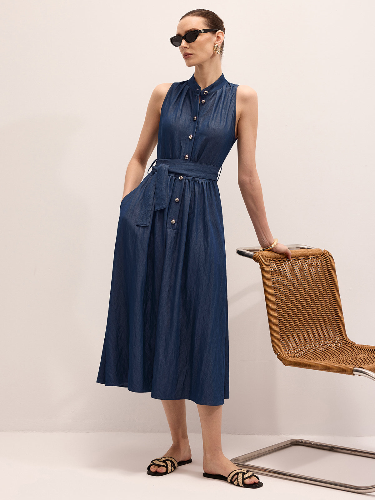 Cotton Blend Sleeveless Belted Maxi Dress with Side Pockets and V-Neck