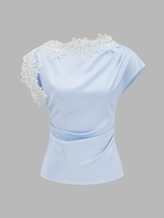 Asymmetric Lace Trim Ruched Blouse - Elegant Women's Fashion Top