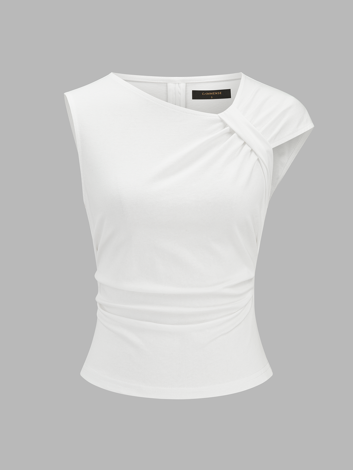 Cotton Ruched Asymmetrical Fitted Top with Side Tie Detail