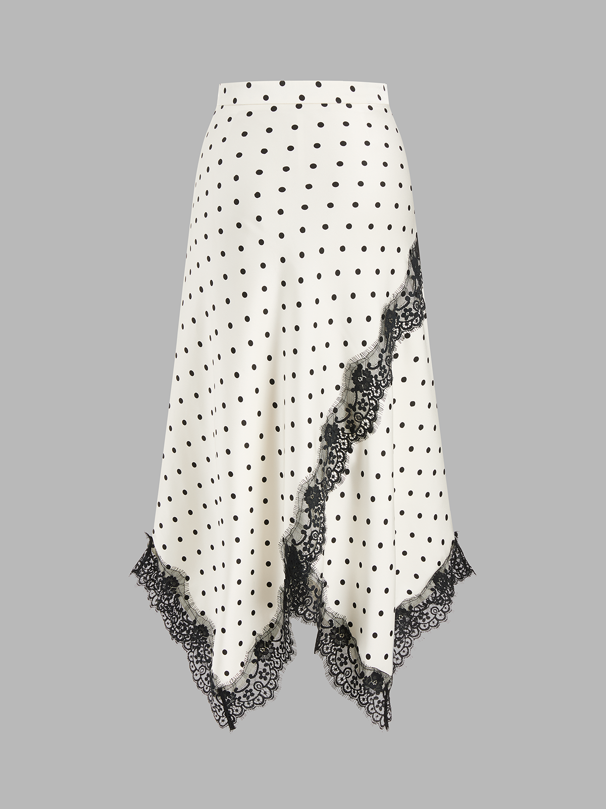 Polka Dot Lace Trim Asymmetric Midi Skirt with Elastic Waistband