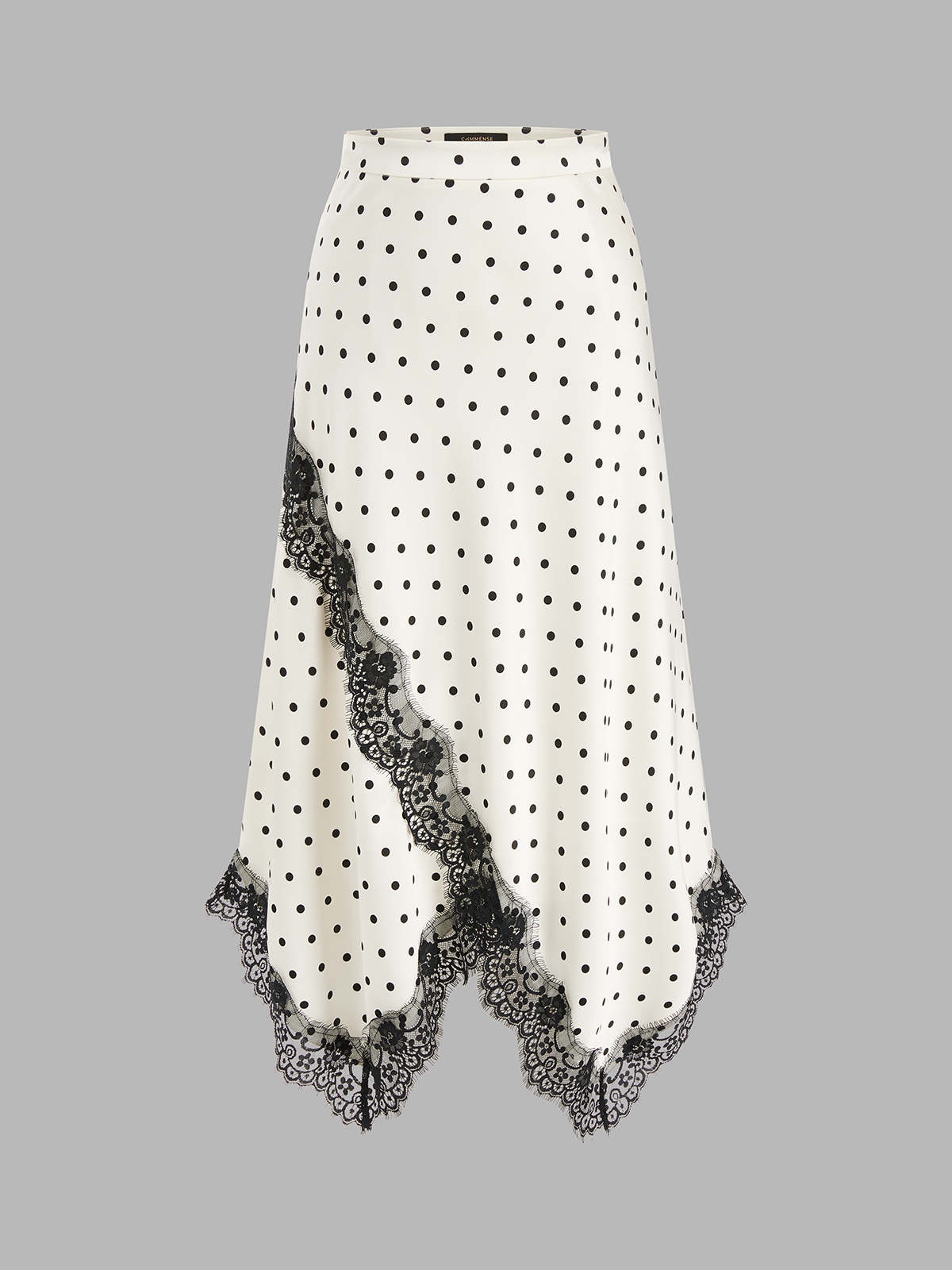 Polka Dot Lace Trim Asymmetric Midi Skirt with Elastic Waistband