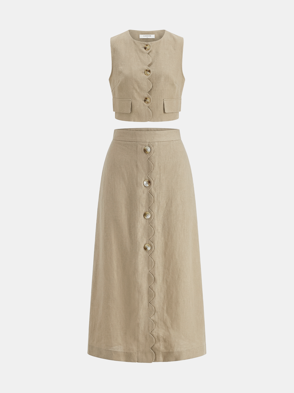 Cotton Linen Scallop Trim Vest & Skirt Set for Women Casual Summer