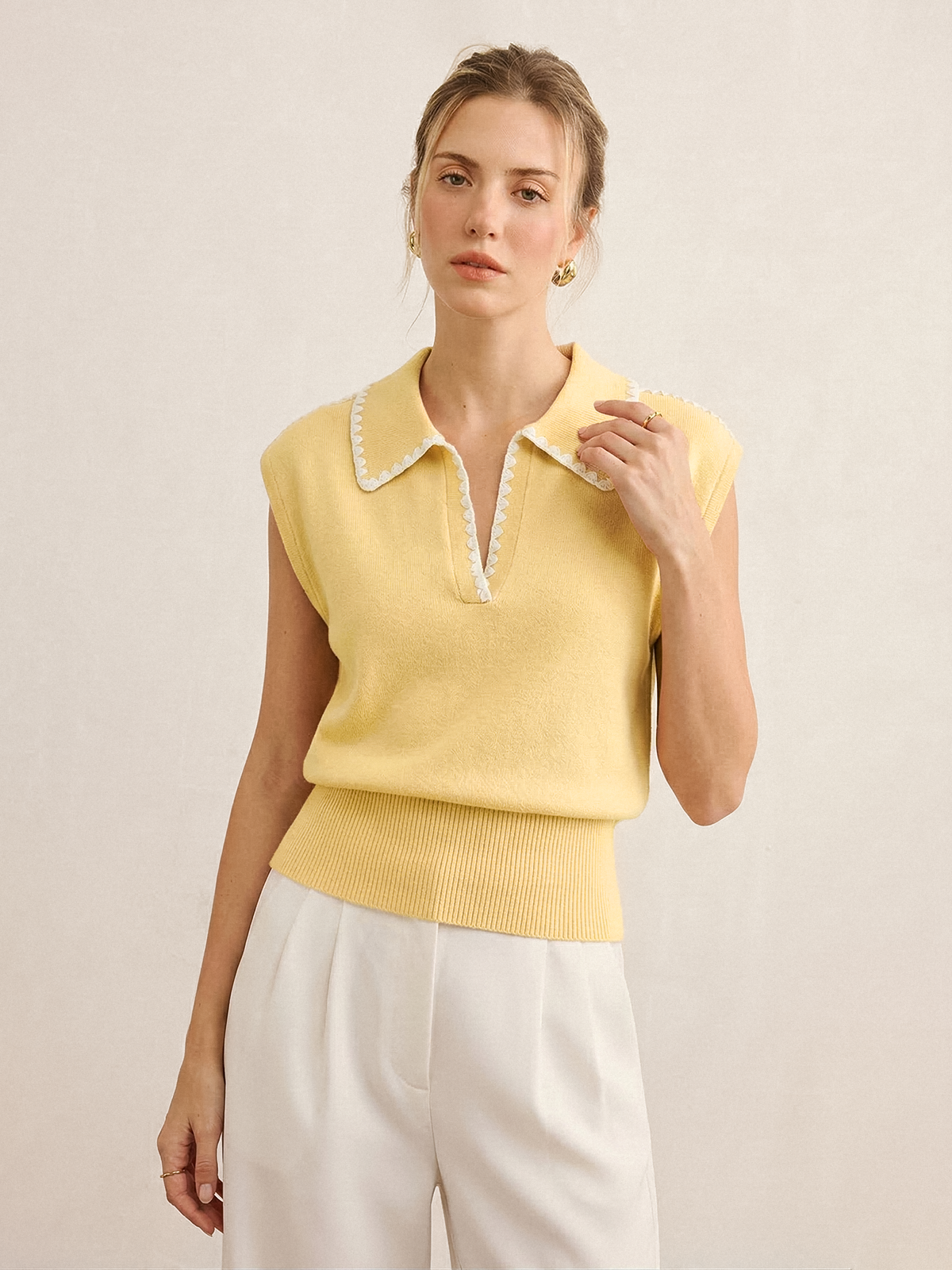 Contrast Trim Sleeveless Knit Polo Vest - Women's Casual Summer Top