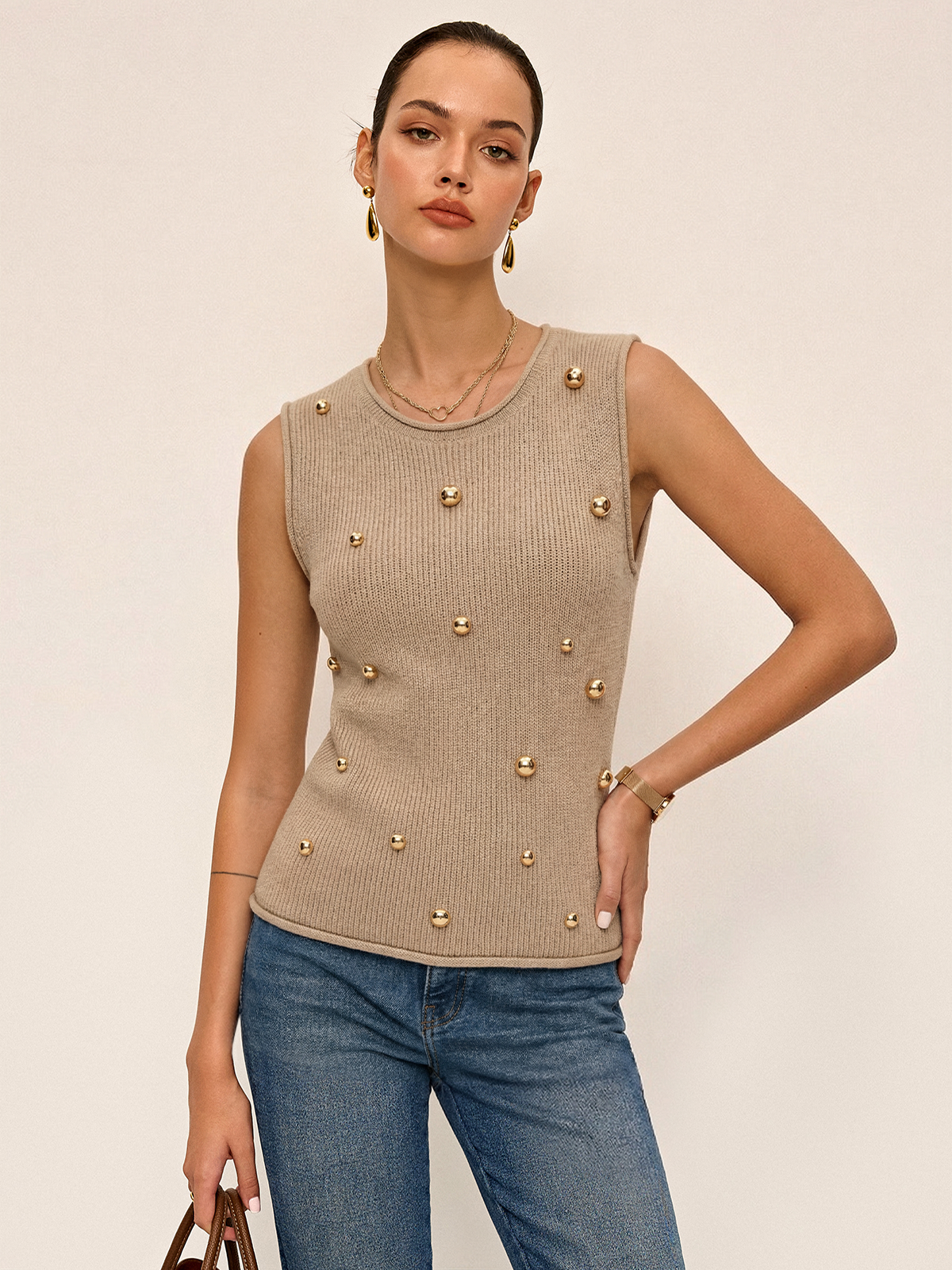 Metal Stud Embellished Knit Vest with Sleeveless Design for Women