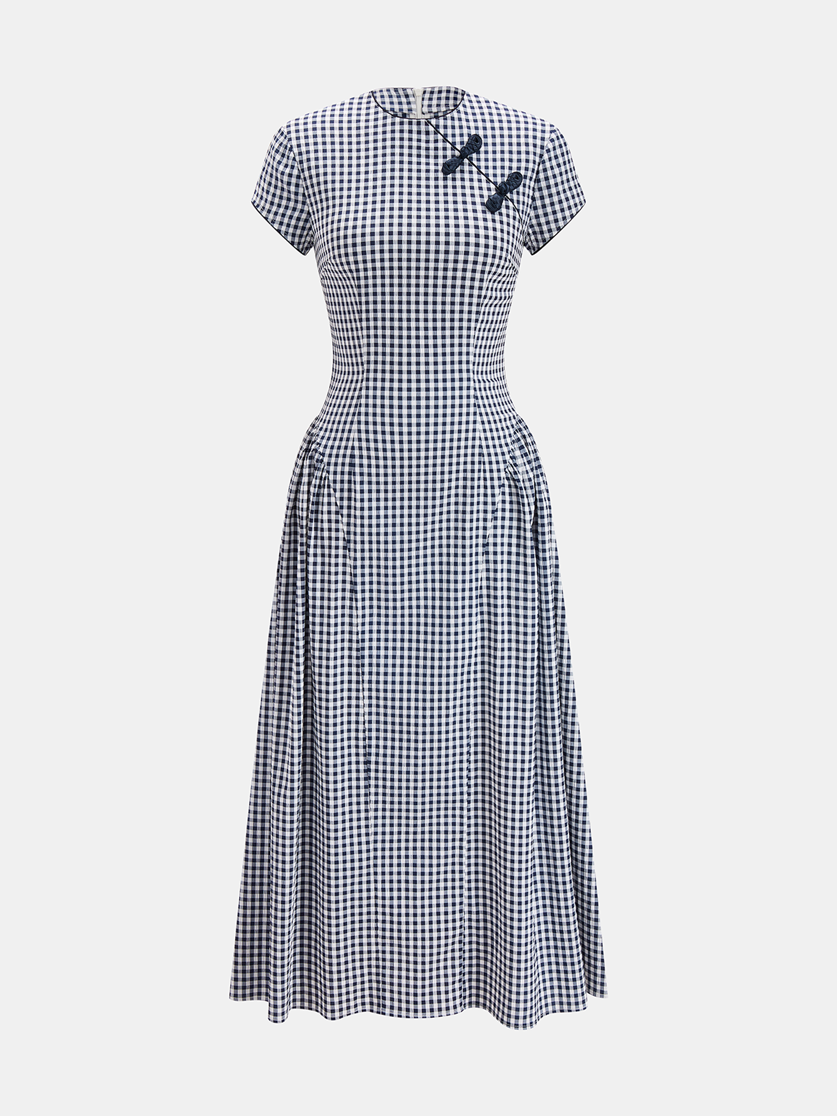 Gingham Frog Button Short Sleeve Midi Dress Summer Casual Chic