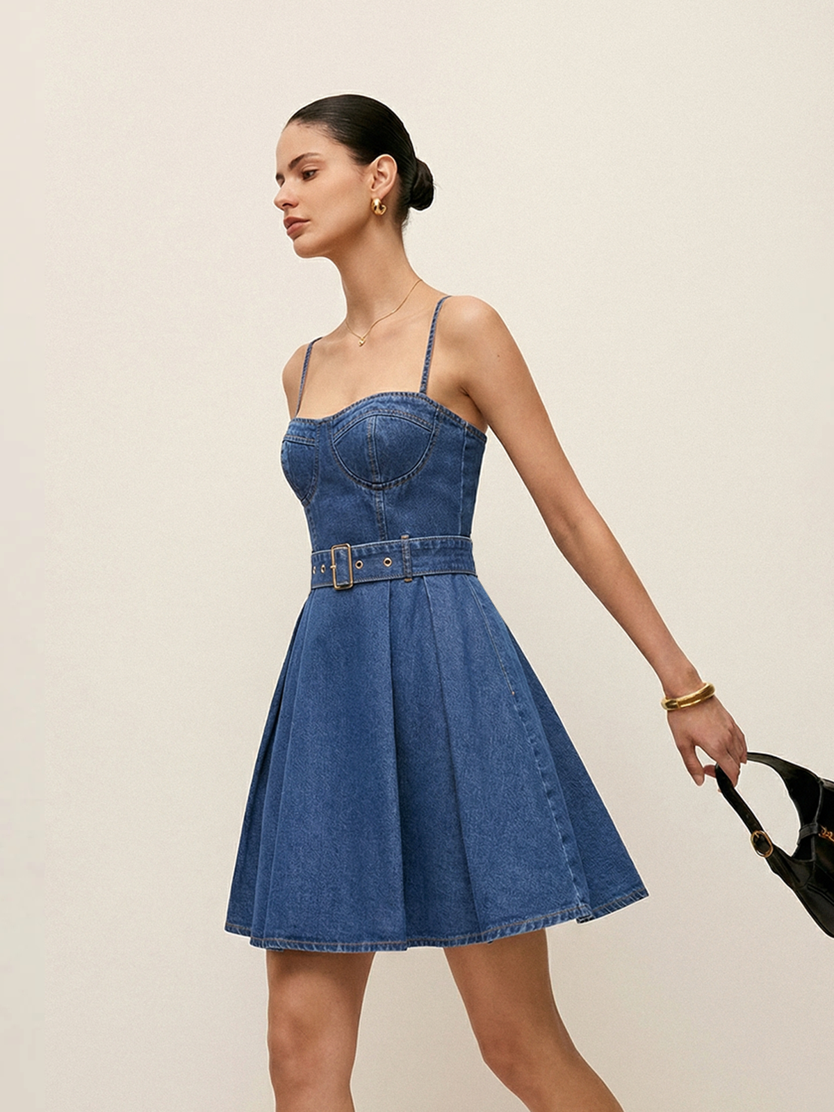Belted Denim Cami Mini Dress with Adjustable Straps
