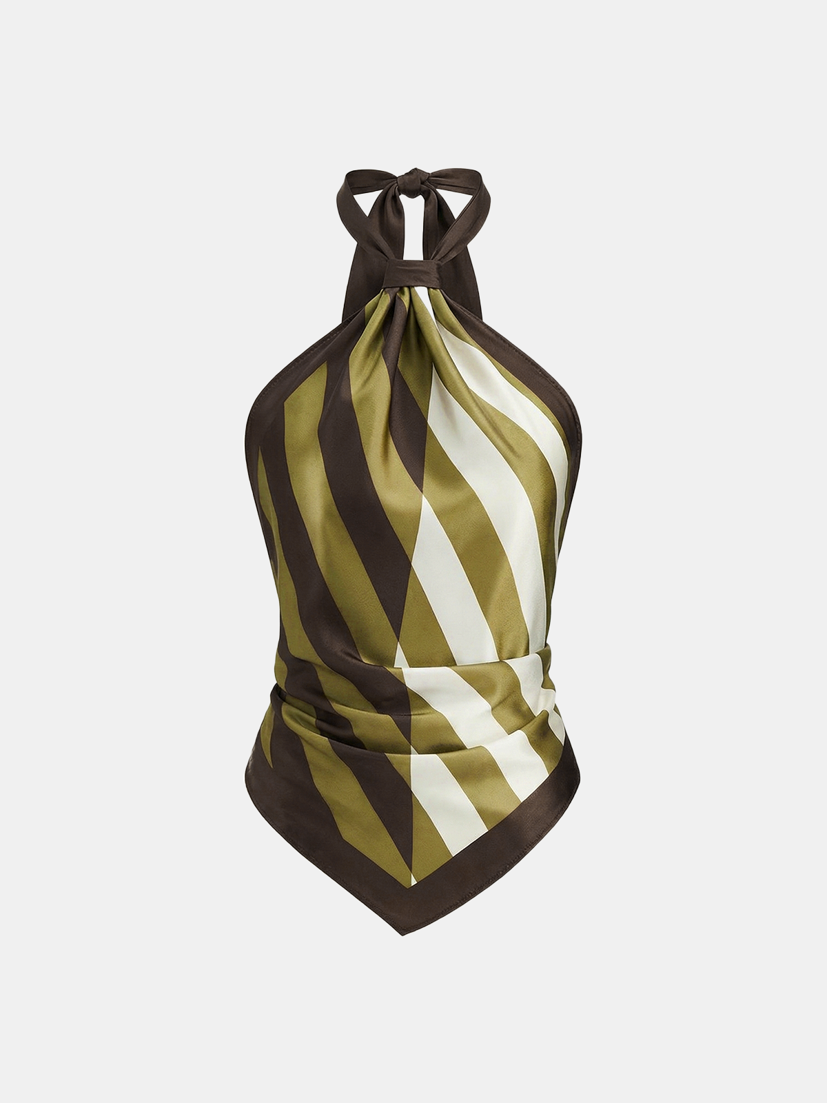 Geometric-stripe satin halter top with asymmetric hem, scarf-style cut, and adjustable neck tie.