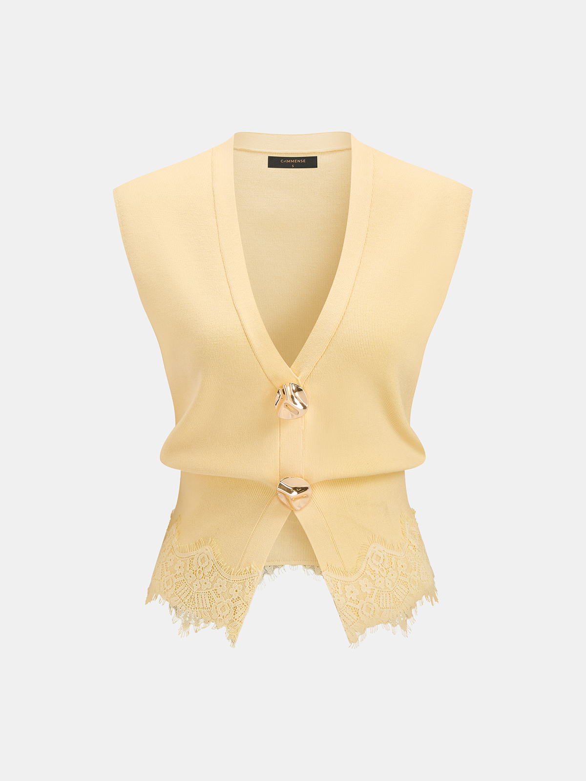 V-Neck Lace Trim Metal Button Knit Vest for Women Casual Layering