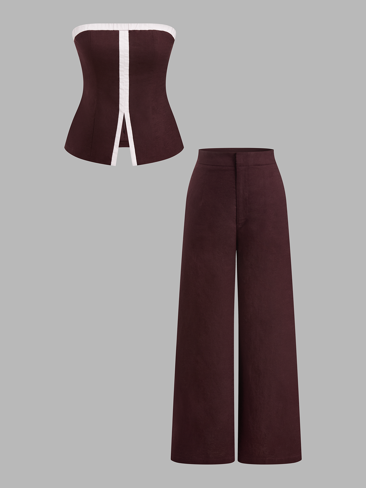 Cotton Linen Contrast Trim Tube Top & Pants Set Casual Women's Outfit