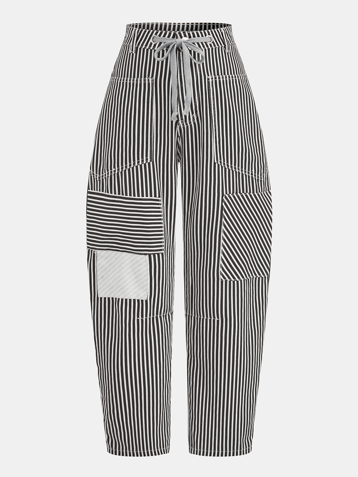 Striped Patchwork Drawstring Barrel Pants Comfortable Relaxed Fit Unisex
