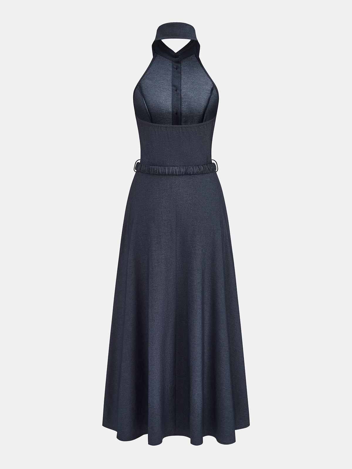 Halter Belted Collared Denim Maxi Dress Women's Trendy Full-Length