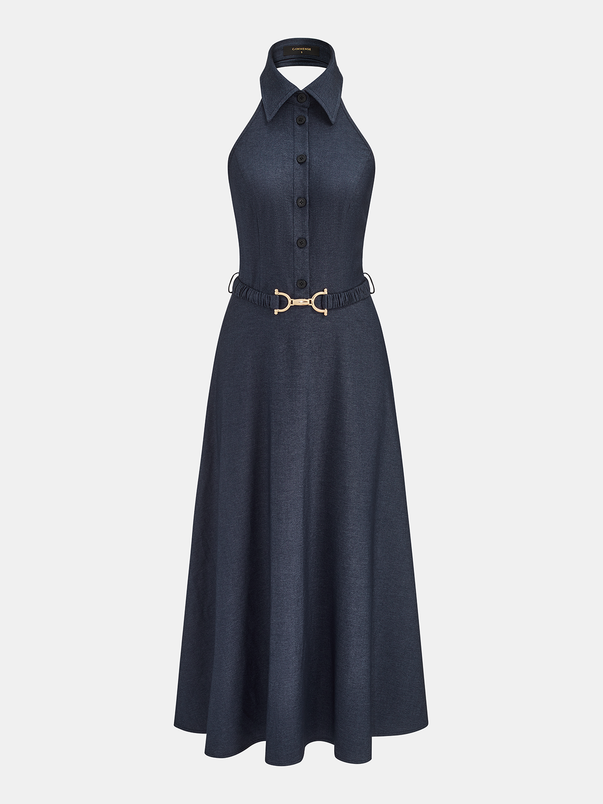 Halter Belted Collared Denim Maxi Dress Women's Trendy Full-Length