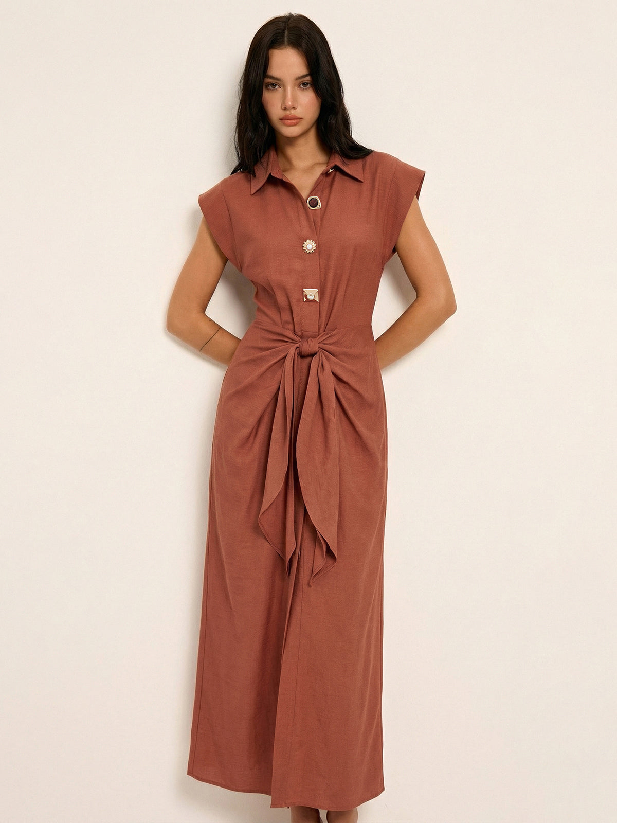 Tie Waist Collared Sleeveless Maxi Dress for Women Casual Summer