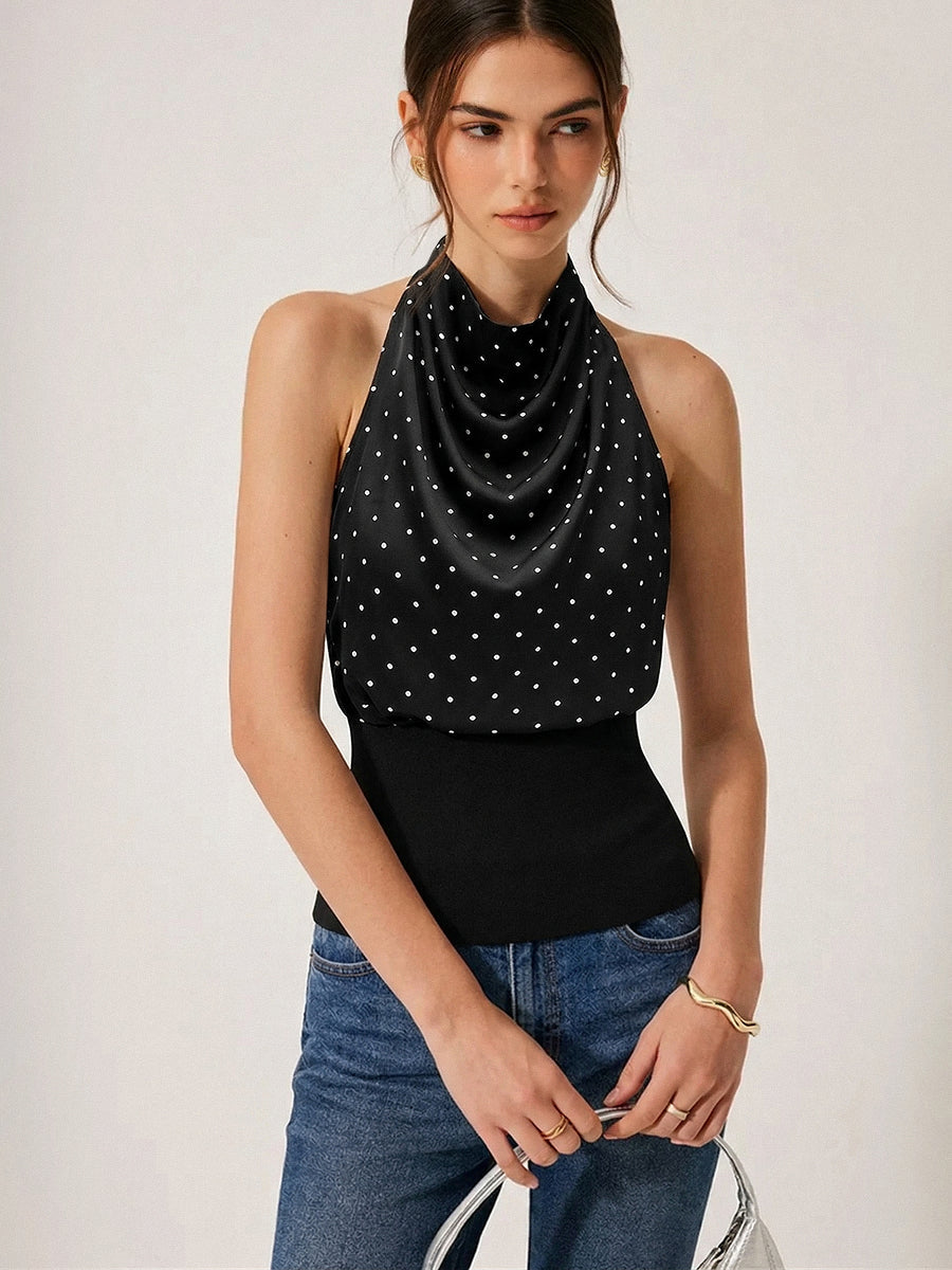 Polka Dot Cowl Neck Halter Tank Top with Adjustable Straps