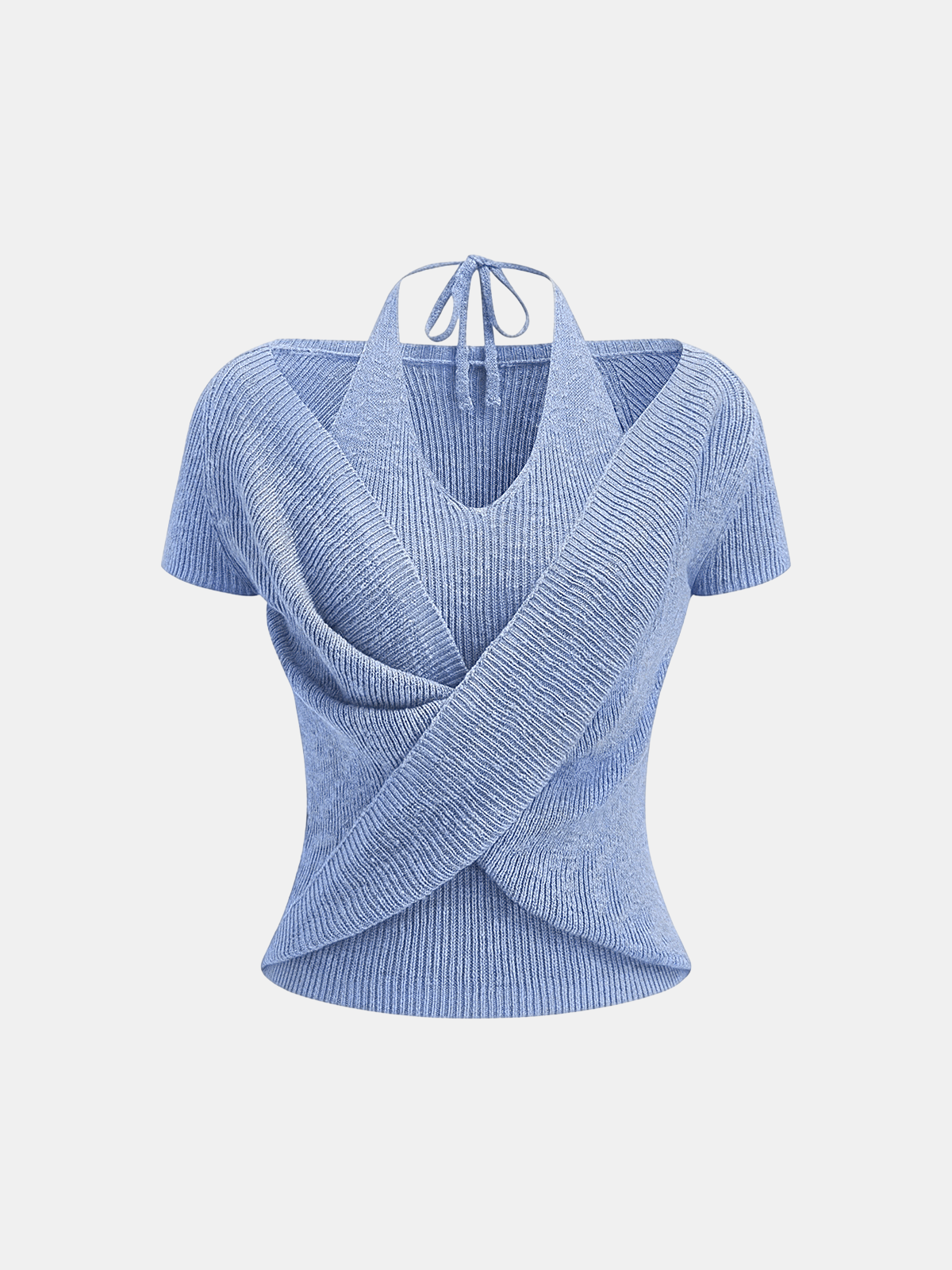 Halter Wrap Short Sleeve Knit Top Comfort Fit Casual Style