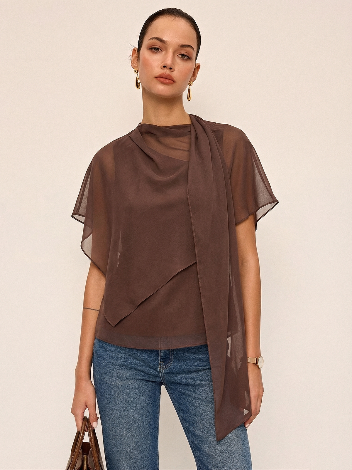 Sheer Scarf Top & One-Shoulder Top Two-Piece Set with Wrap Detail for Women