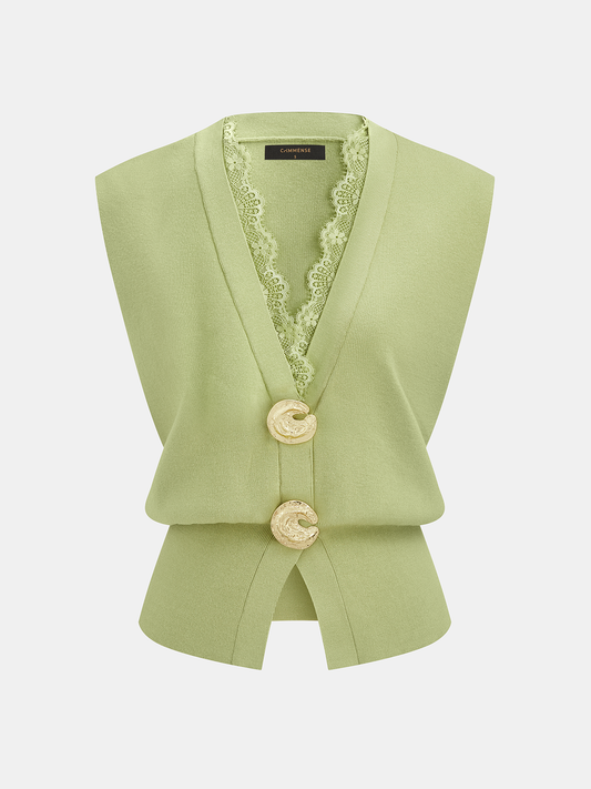 "Lace Trim Buttoned V-Neck Knit Vest Elegant Casual Women's Top"