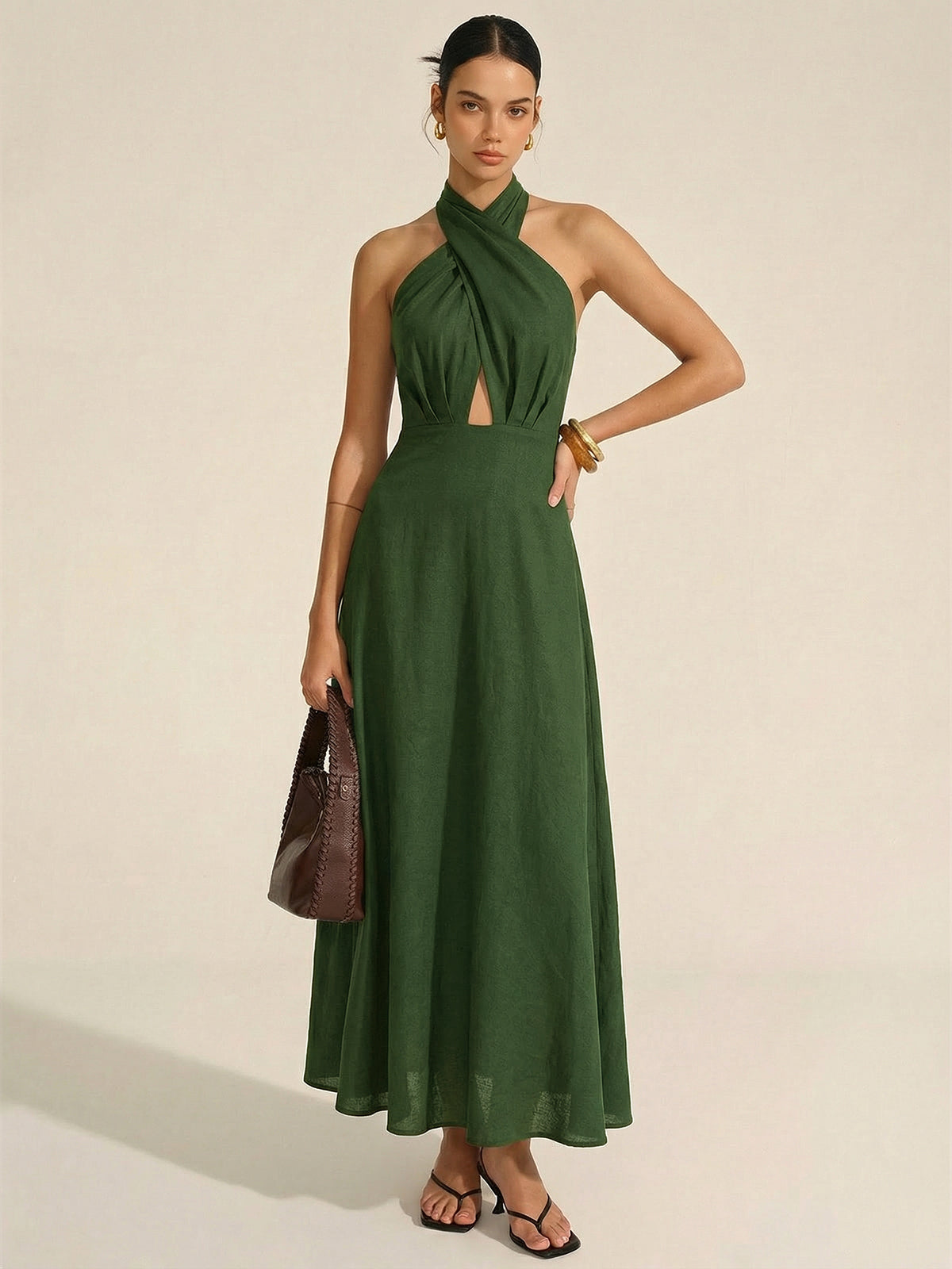 Cotton Linen Halter Neck Cut-Out Maxi Dress for Summer Beachwear