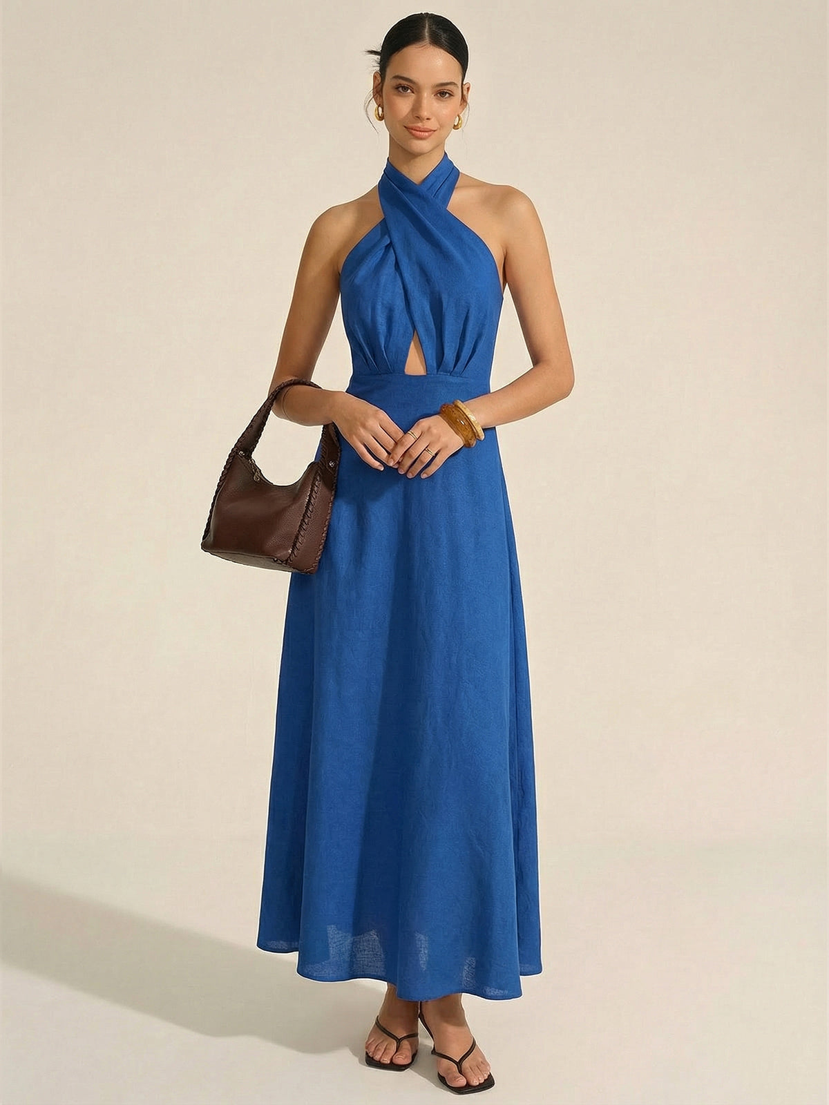 Cotton Linen Halter Neck Cut-Out Maxi Dress for Summer Beachwear