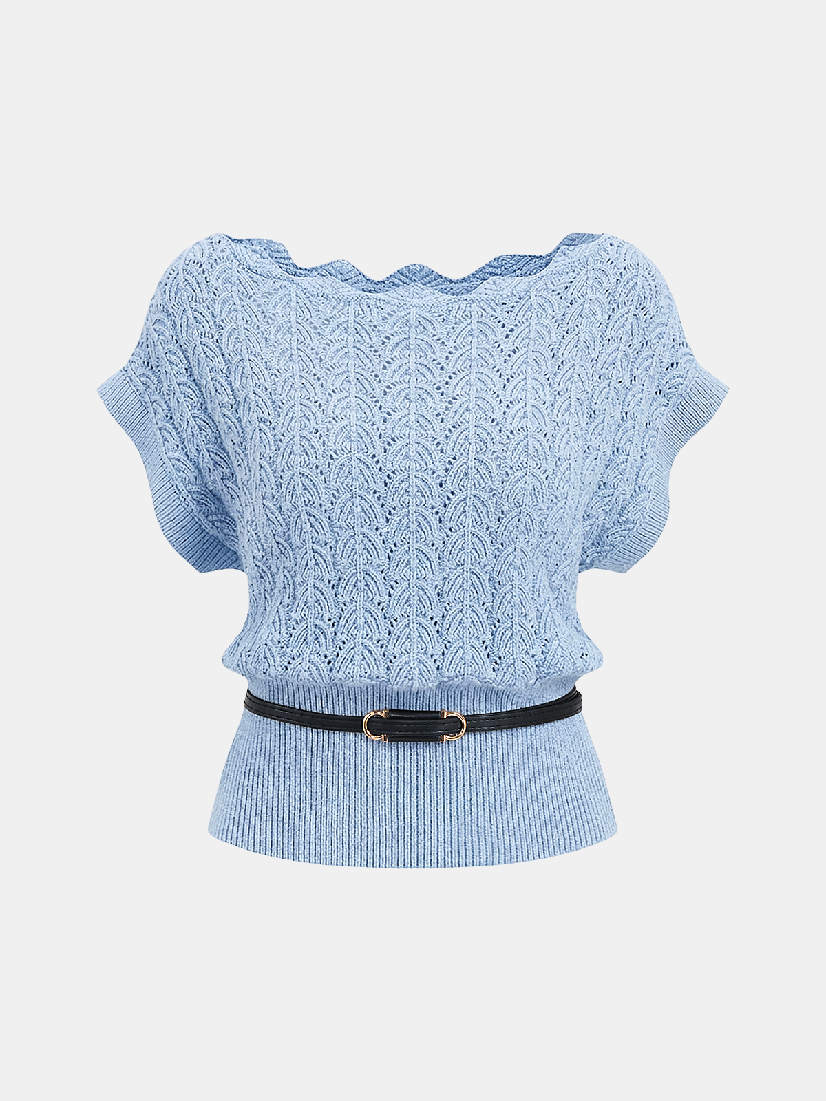 Scalloped Neck Belted Knit Top for Women Casual Wear