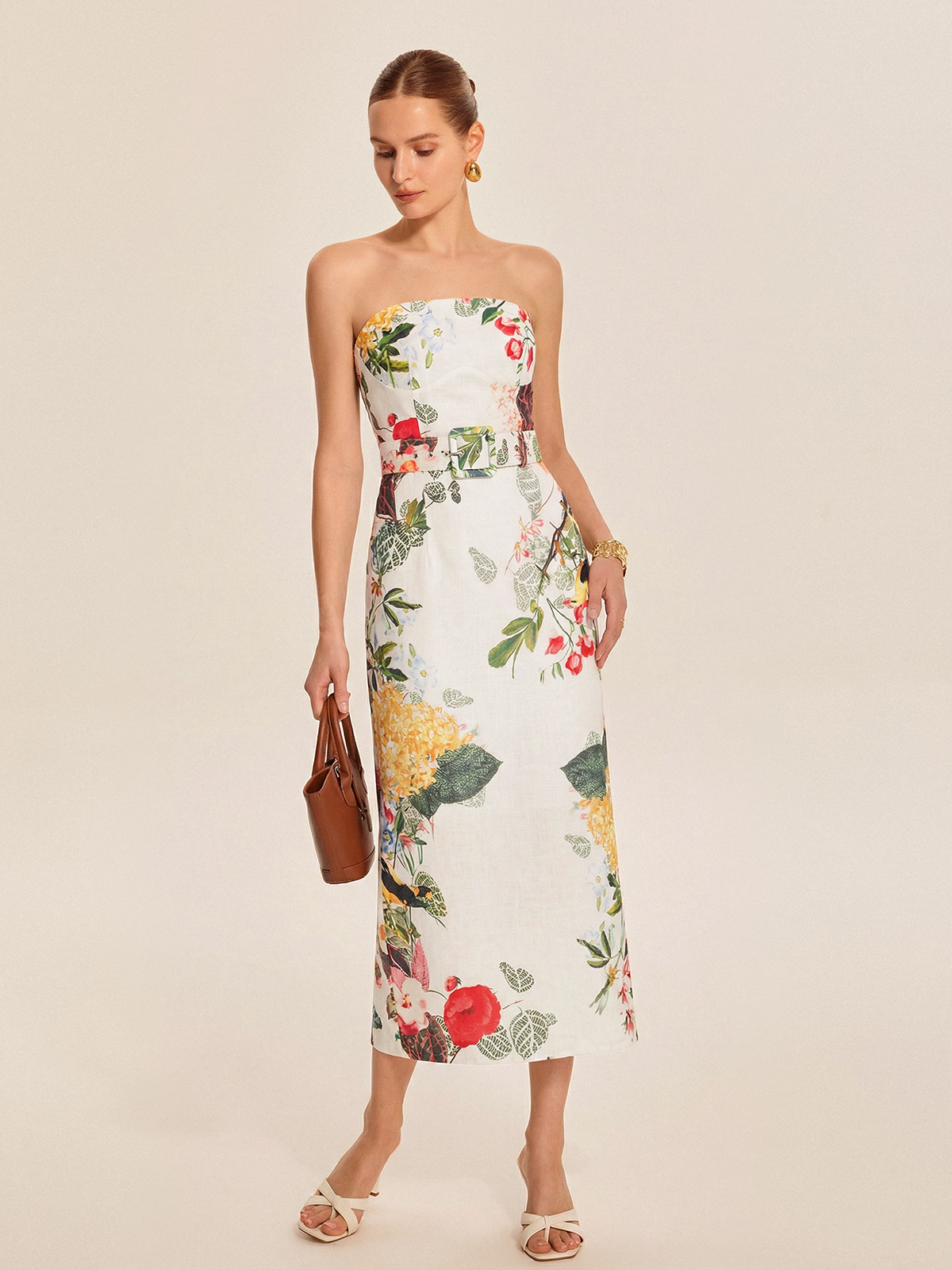 Strapless Belted Floral Print Maxi Dress for Women Summer Collection