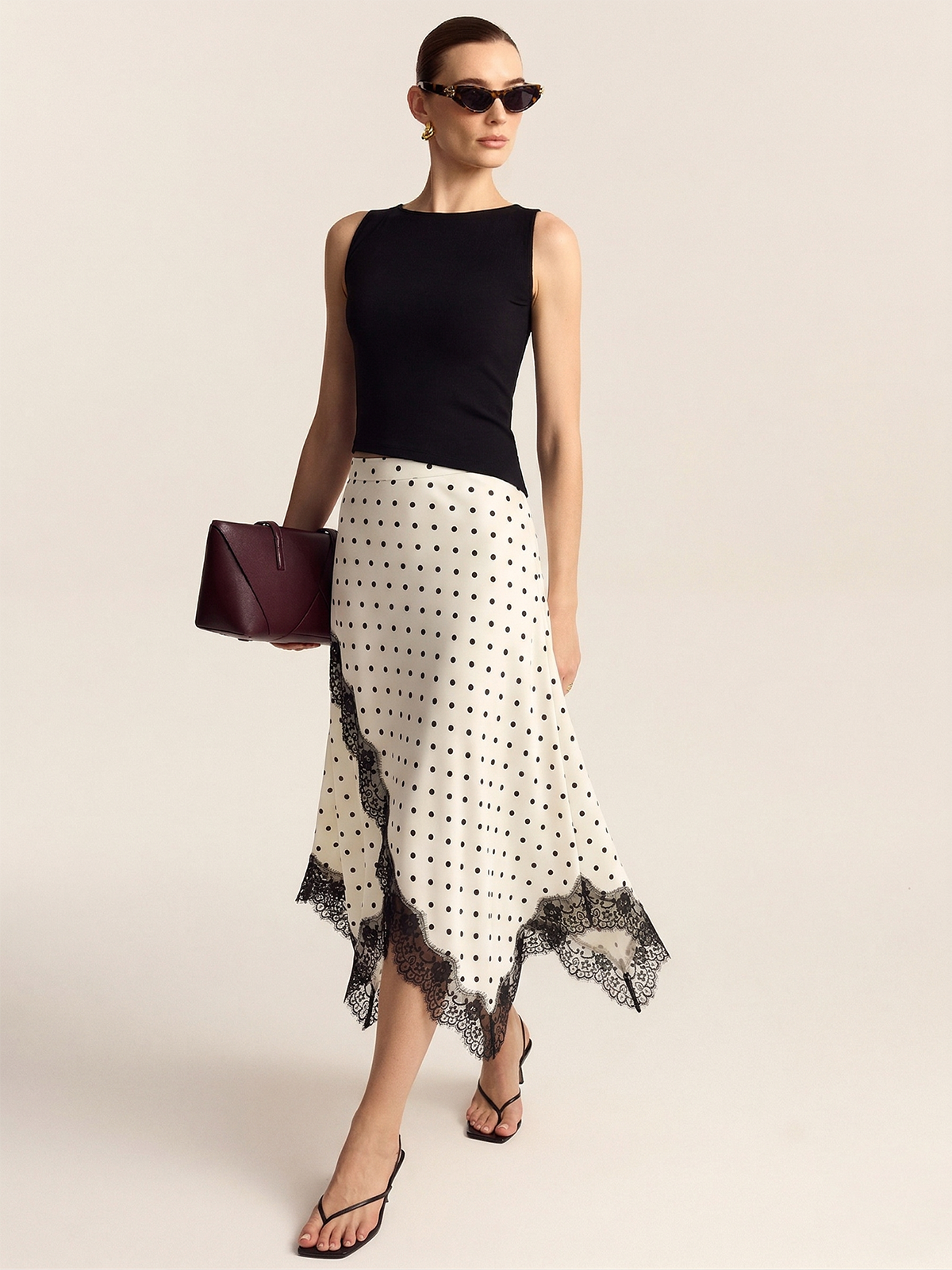 Polka Dot Lace Trim Asymmetric Midi Skirt with Elastic Waistband