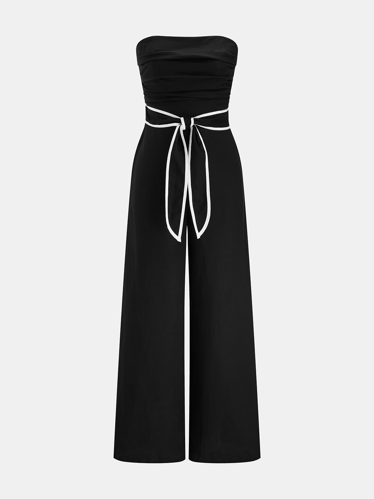 Linen-Blend Strapless Tie-Waist Wide Leg Jumpsuit for Summer Events