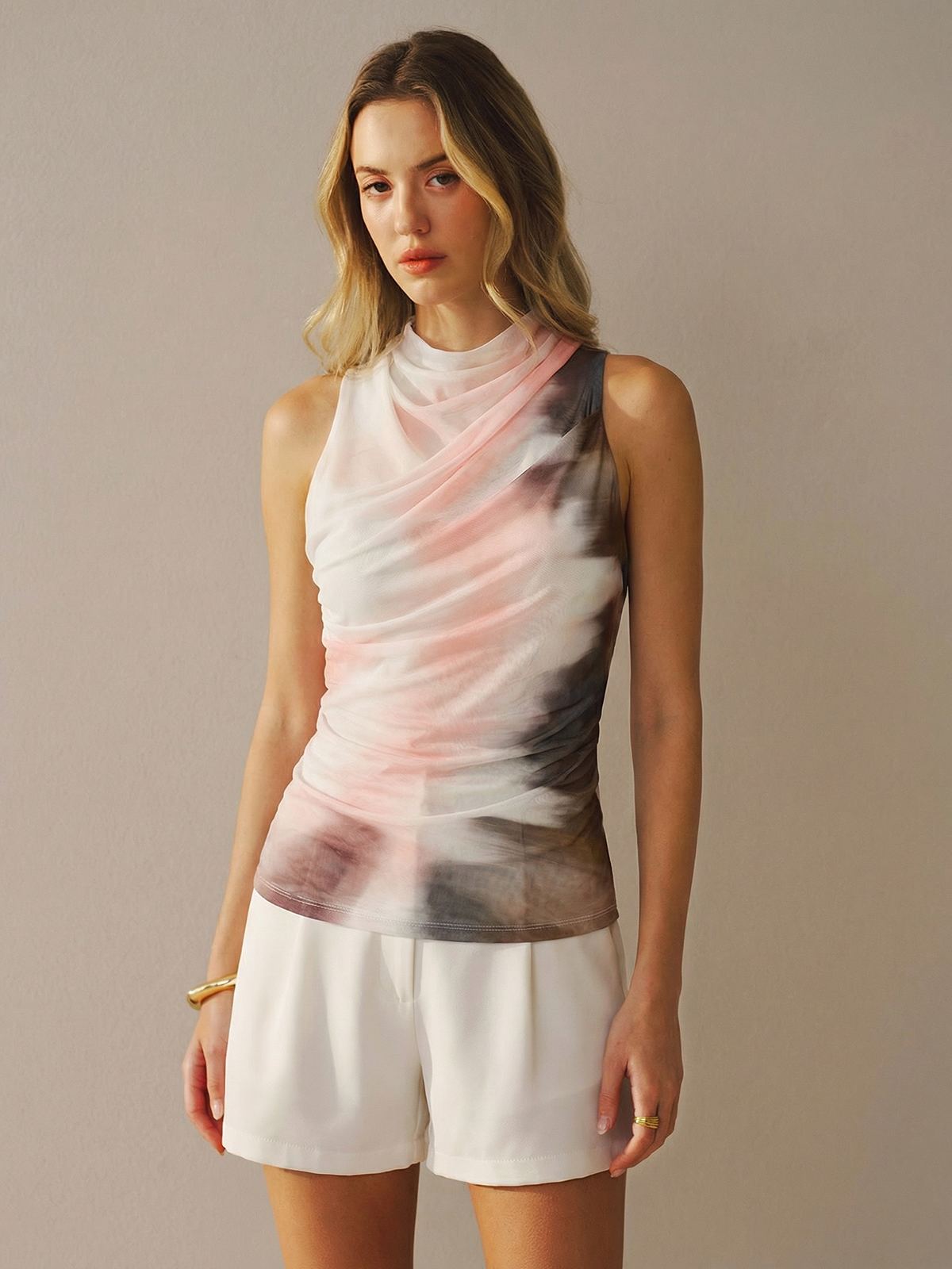 Tie-Dye Mesh Cowl Neck Sleeveless Top Fashion Apparel