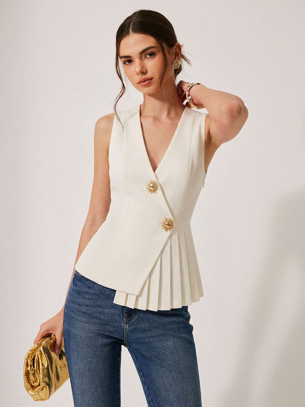 V-Neck Pleated Sleeveless Vest for Women Casual Summer Top