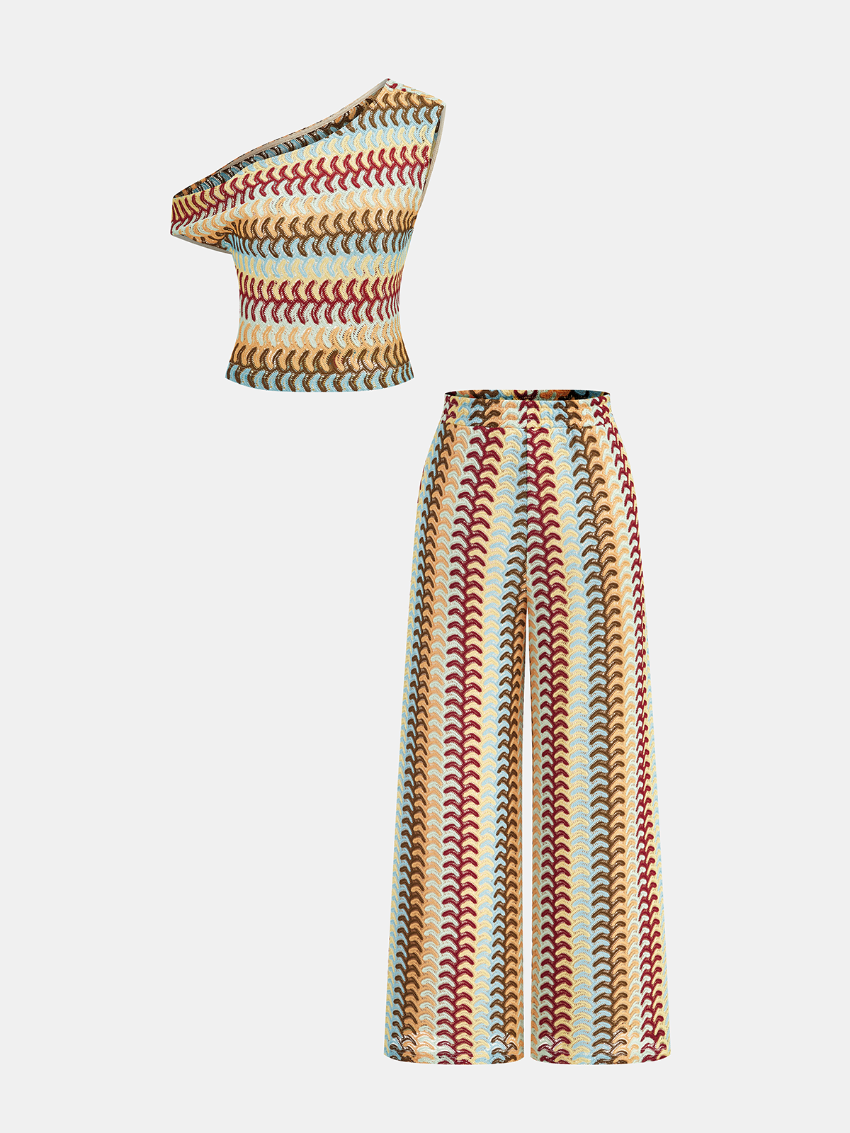 Multicolor One-Shoulder Knit Top & Pants Set for Stylish Women