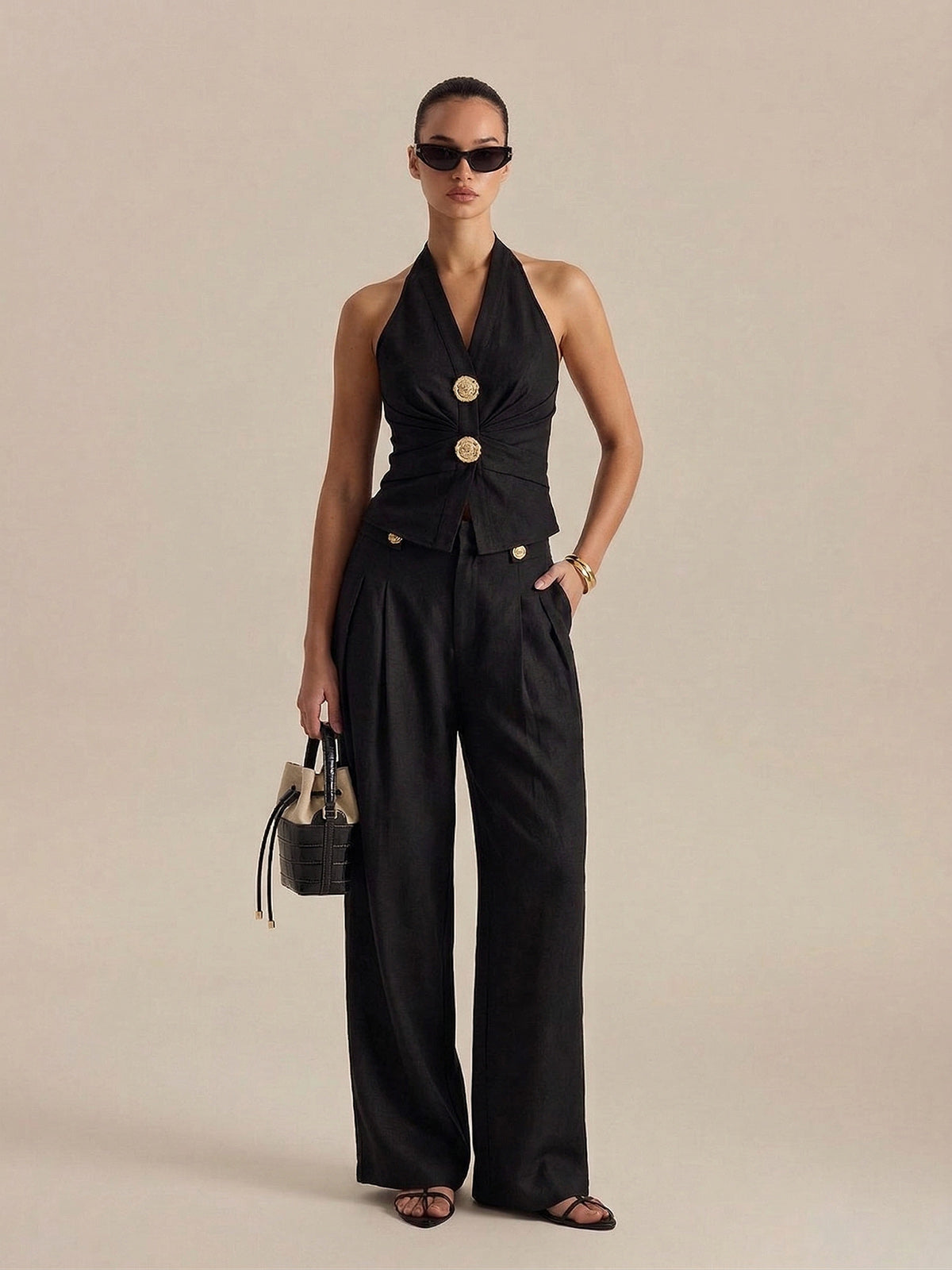 Linen Blend Halter Ruched Top & Pants Set for Women Summer Casual
