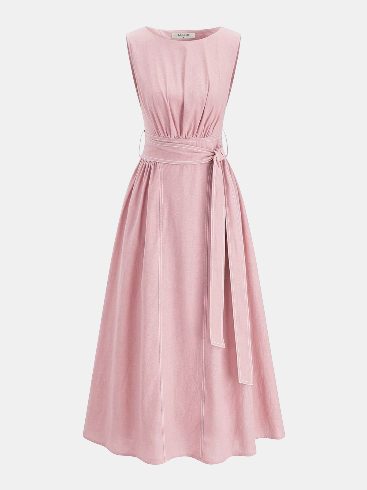 Cotton Linen Sleeveless Belted Midi Dress for Women Casual Summer