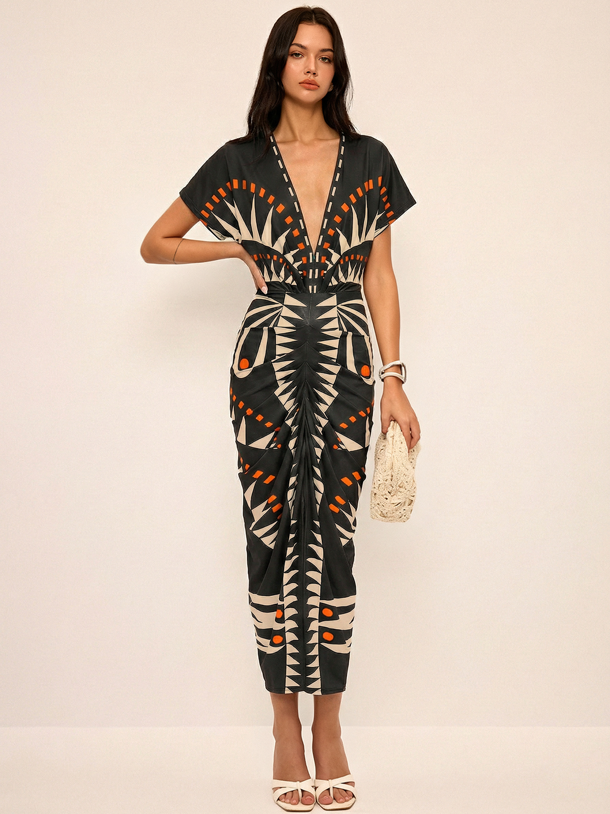 Geometric Print Deep V-Neck Midi Dress with Belt Detail
