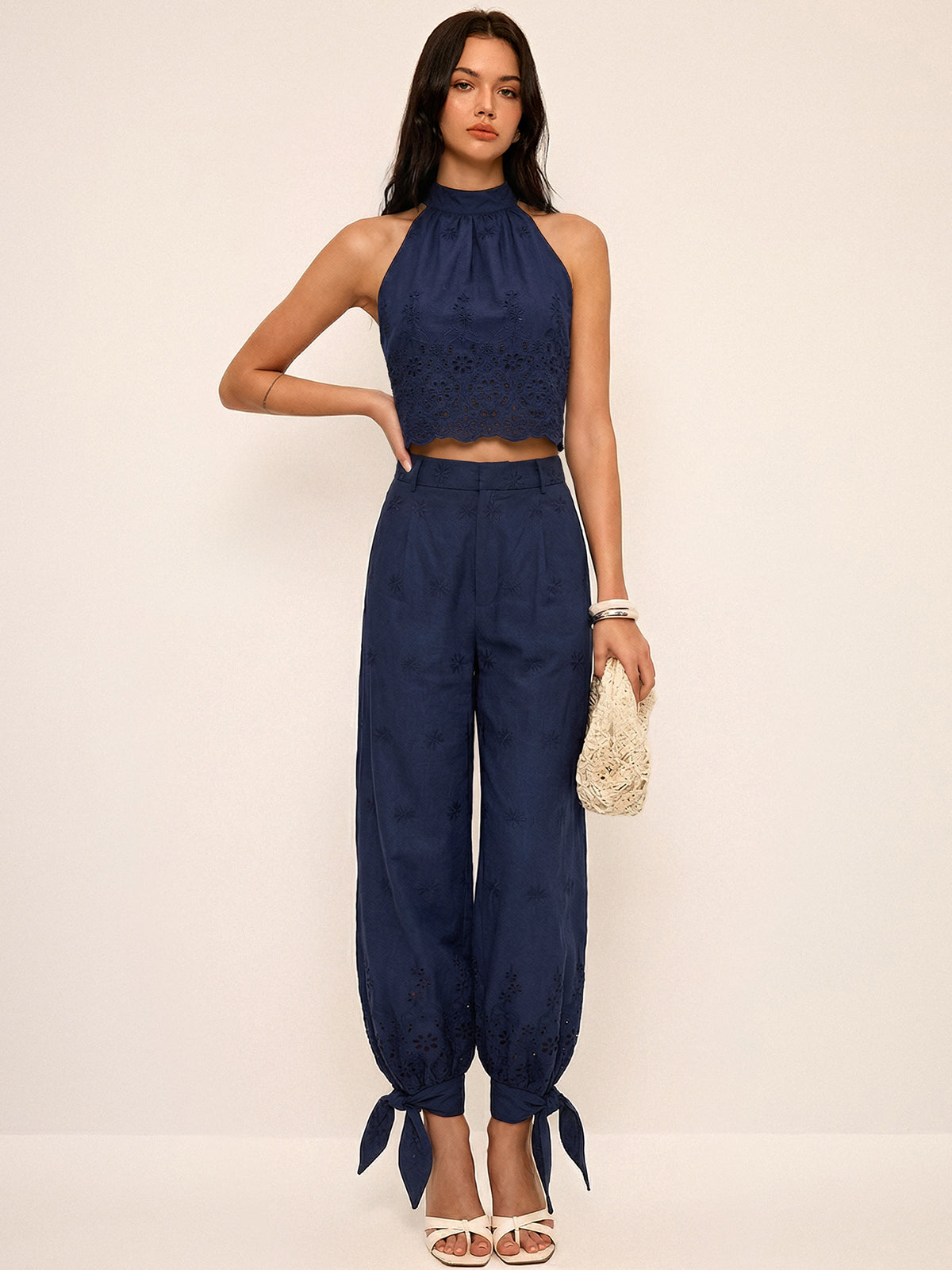 Eyelet Embroidery Top & Tie-Cuff Pants Set for Women Spring Collection