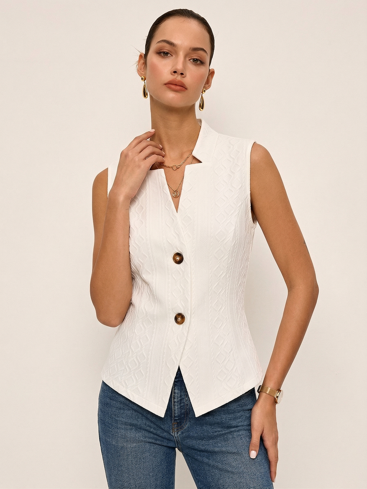 Textured Stand Collar Button Front Vest with Side Pockets for Men