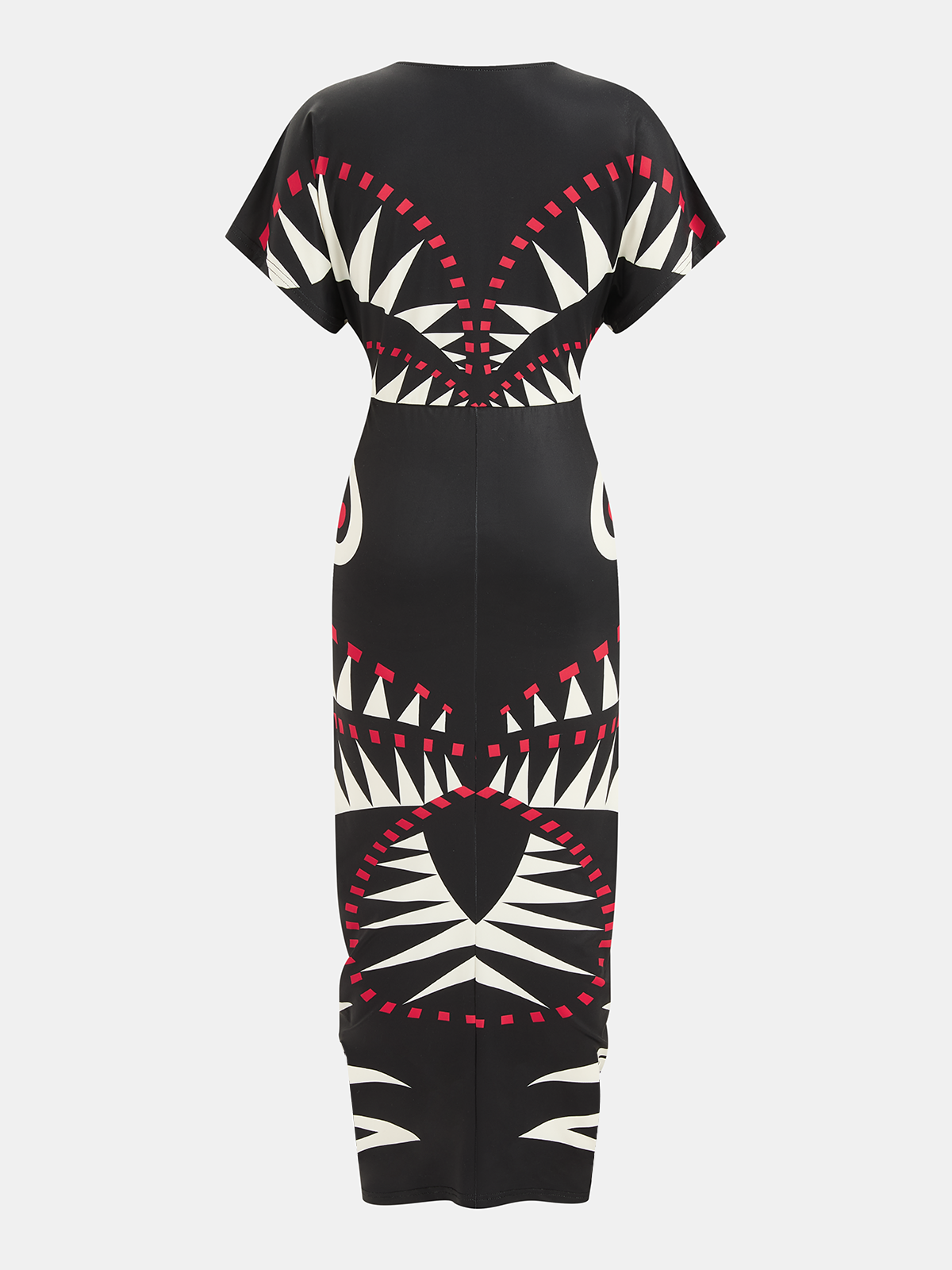 Geometric Print Deep V-Neck Midi Dress with Belt Detail
