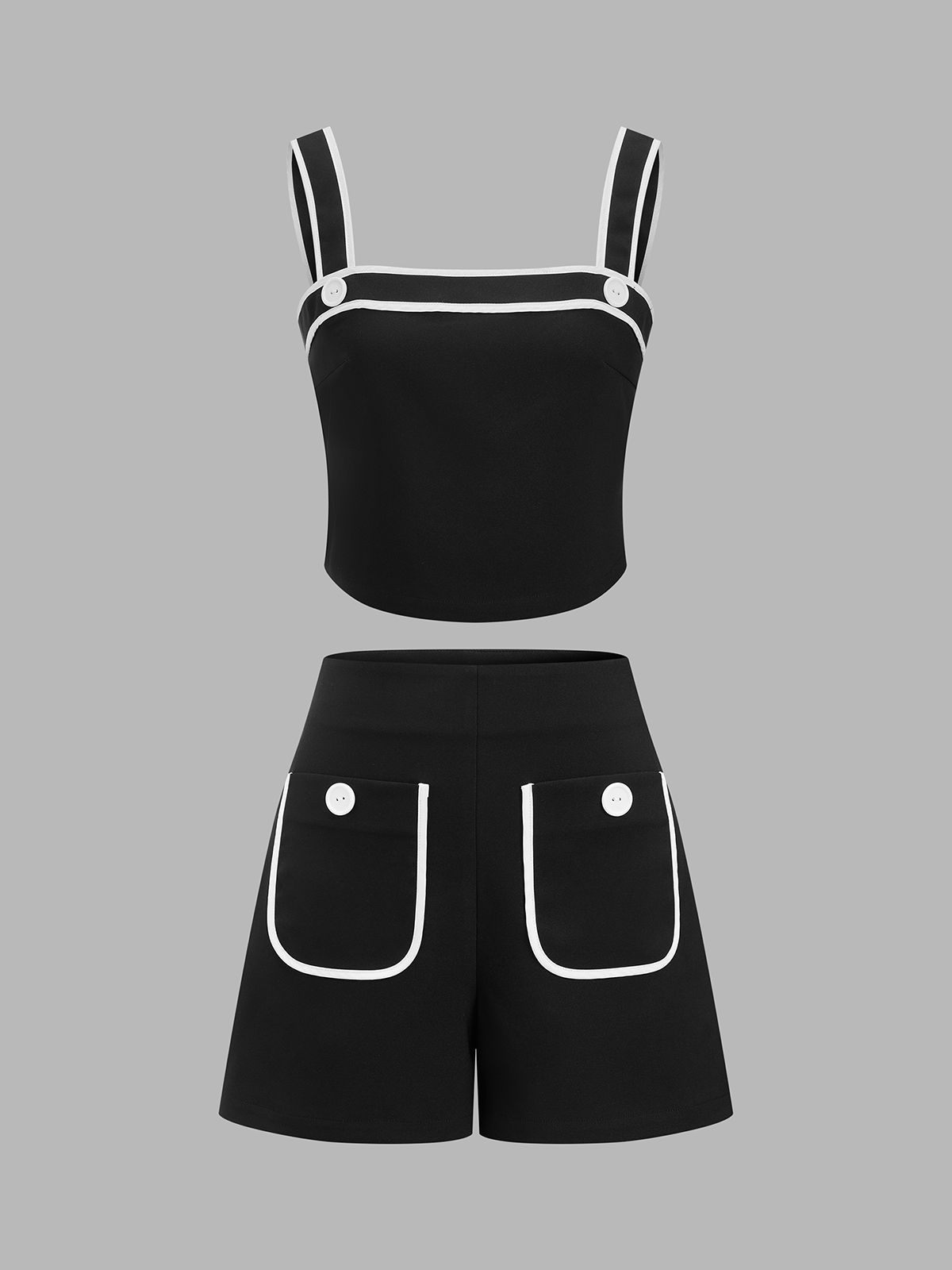 Contrast Trim Cami Top & Shorts Set with Button Details