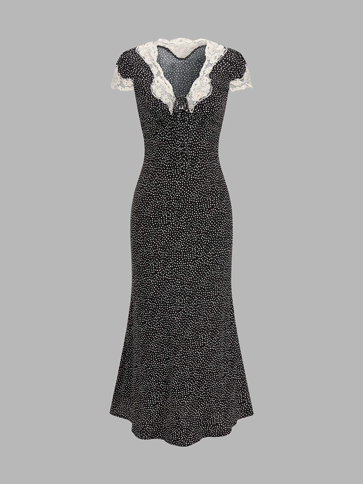 Polka Dot Lace V-Neck Midi Dress with Ruffle Sleeves and Belt