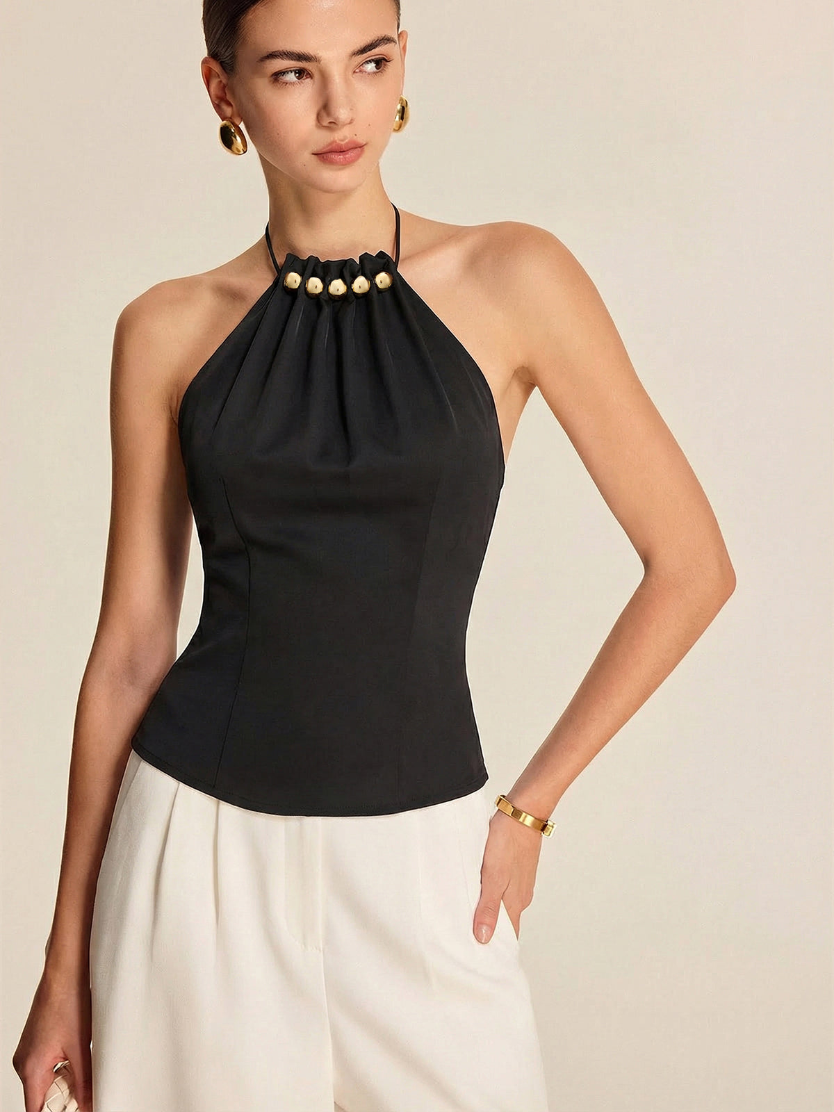 Metal Embellished Halter Tank Top for Women Casual Wear