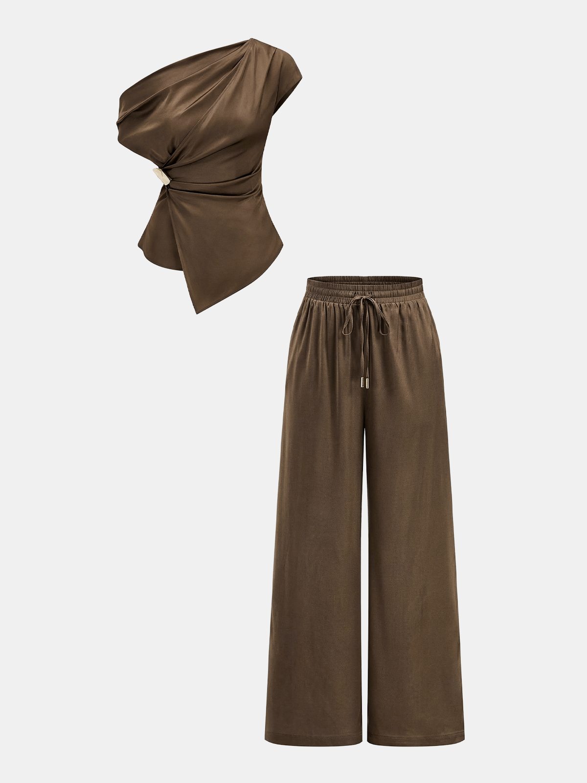 Elegant Satin One-Shoulder Top & Drawstring Pants Evening Set