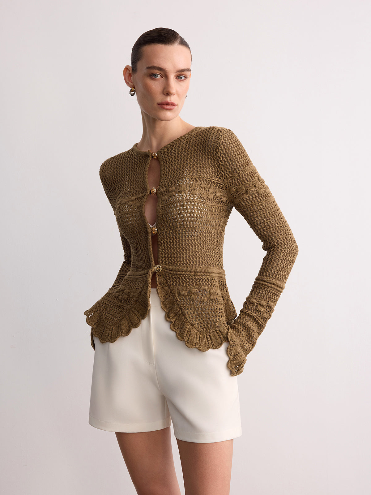 Crochet Knit Scalloped Hem Women's Long Sleeve Stylish Cardigan Sweater