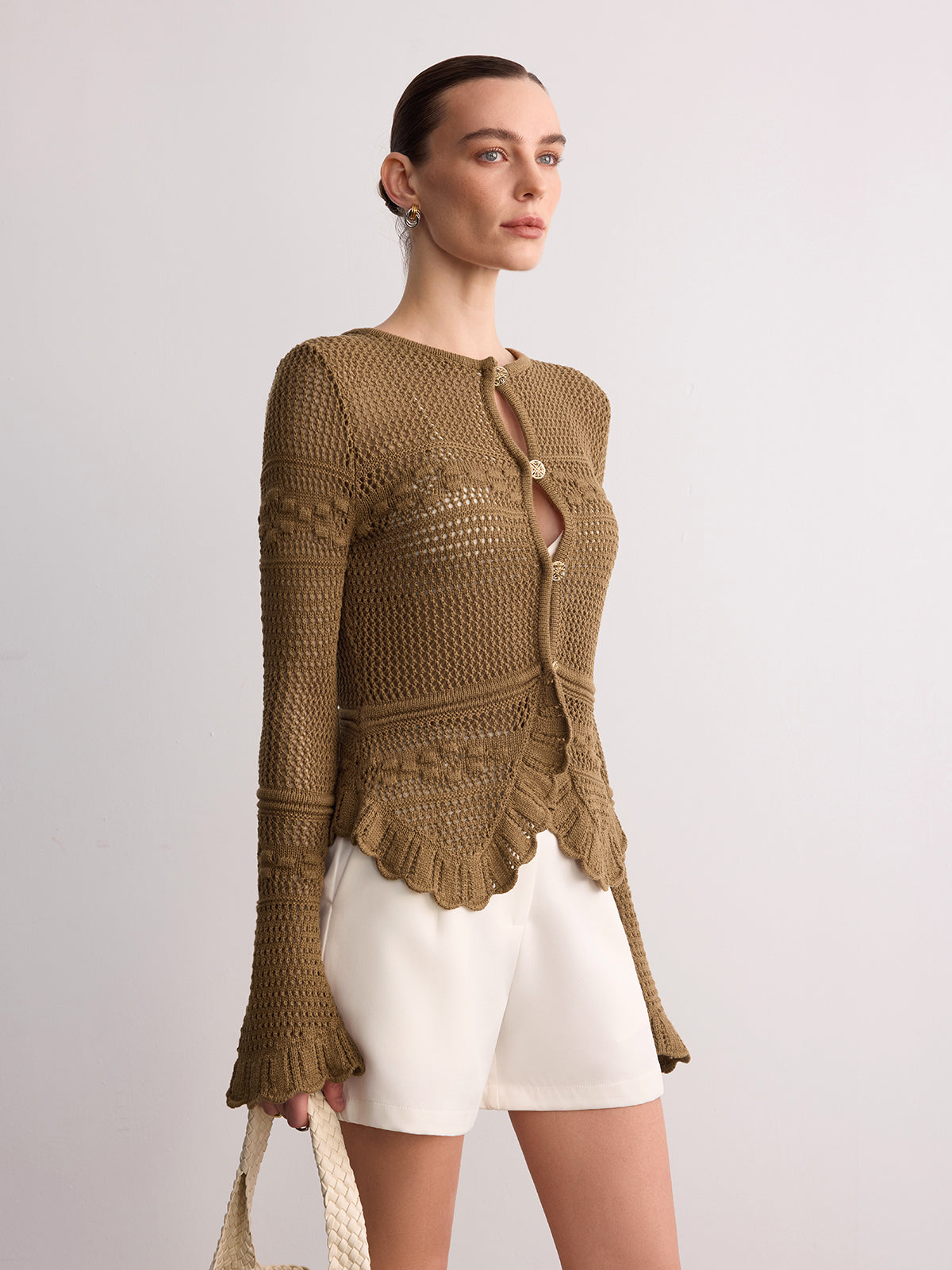 Crochet Knit Scalloped Hem Women's Long Sleeve Stylish Cardigan Sweater