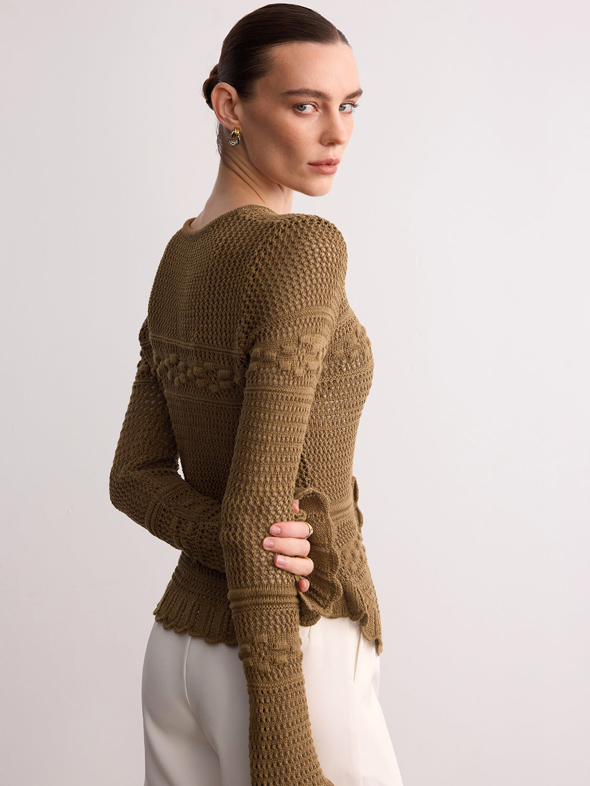 Crochet Knit Scalloped Hem Women's Long Sleeve Stylish Cardigan Sweater