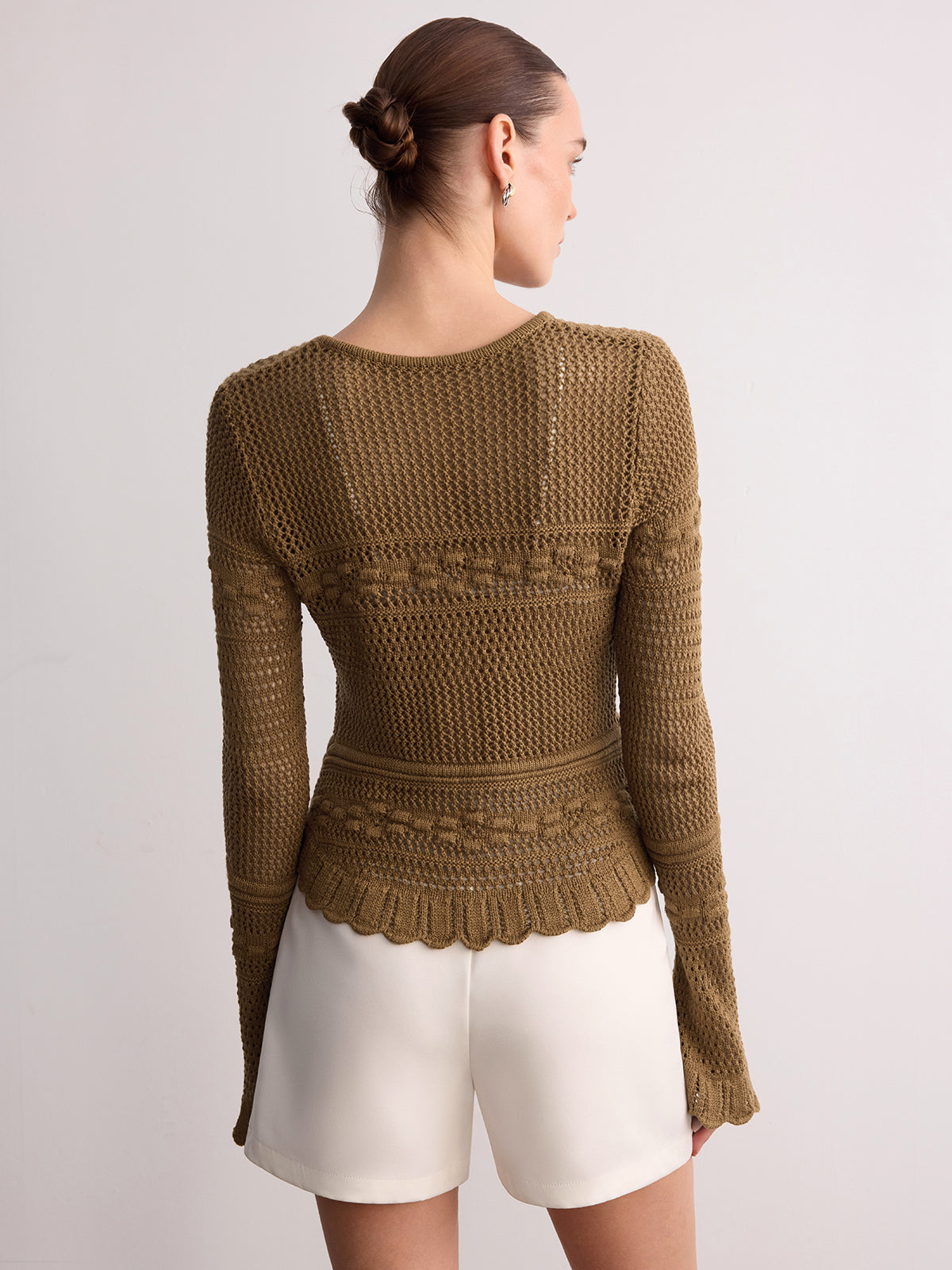Crochet Knit Scalloped Hem Women's Long Sleeve Stylish Cardigan Sweater