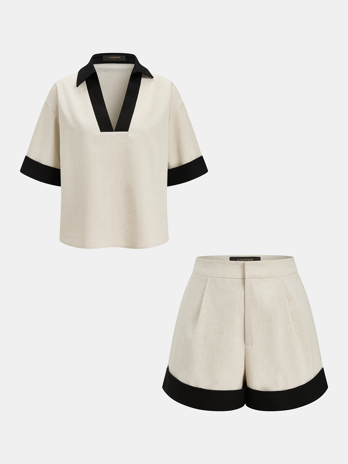 Contrast Trim Cotton Linen Top & Shorts Set for Casual Summer Wear