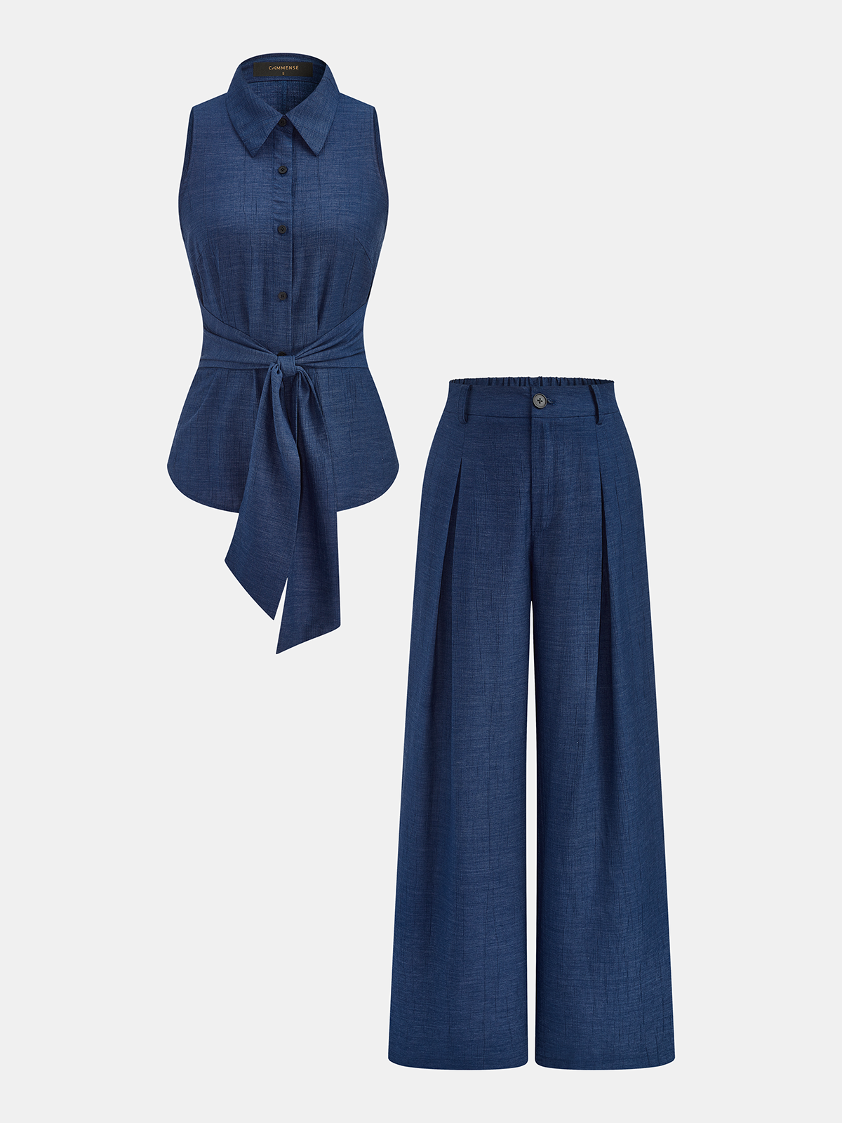 Faux Denim Tie Waist Top & Pants Set Stylish Comfortable Outfit